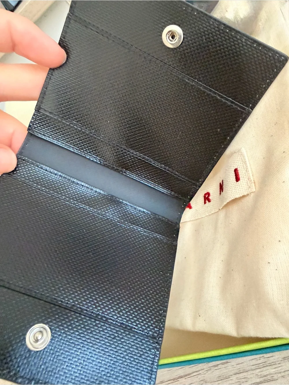 Marni Two-Tone Diagonal Leather Wallet in Cream and Dark Brown with Blue Logo
